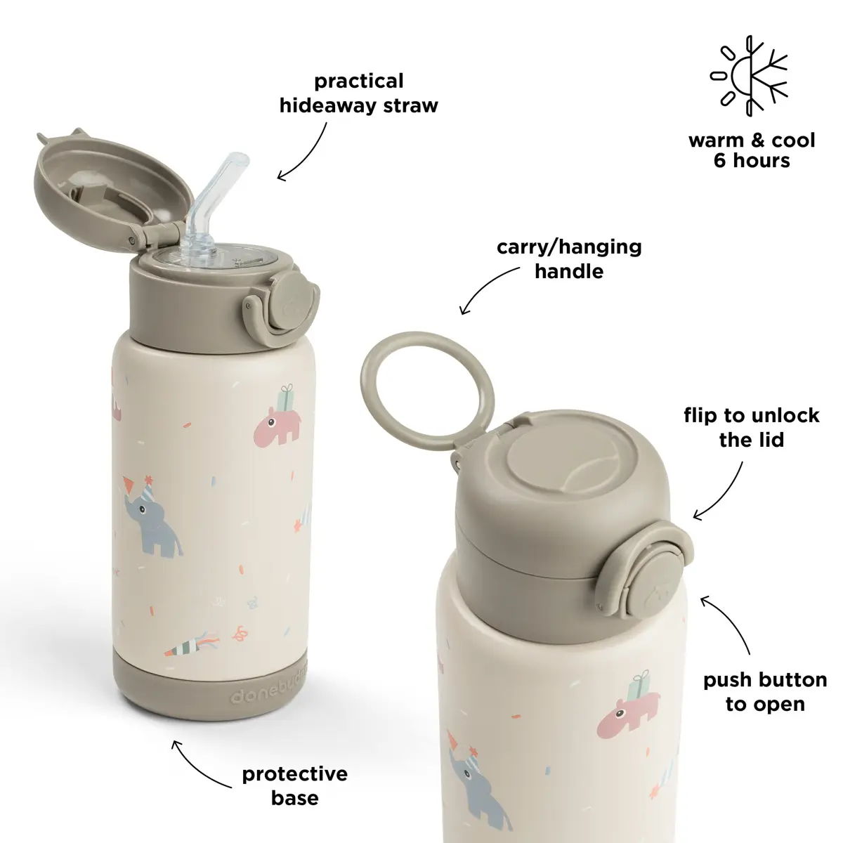Done by Deer isolert flaske med sugerør Celebration Sand 340 ml