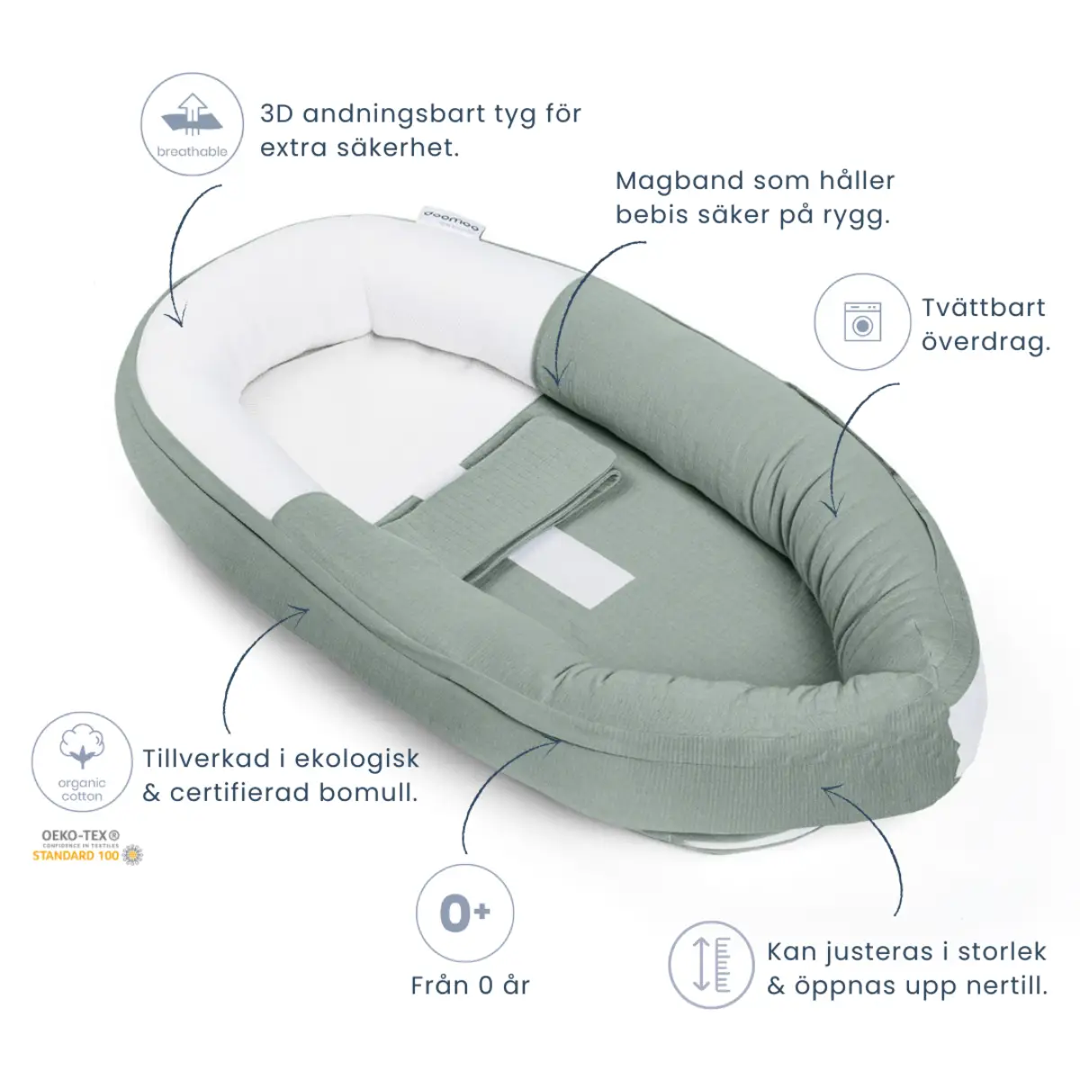 Doomoo babynest løv grønn