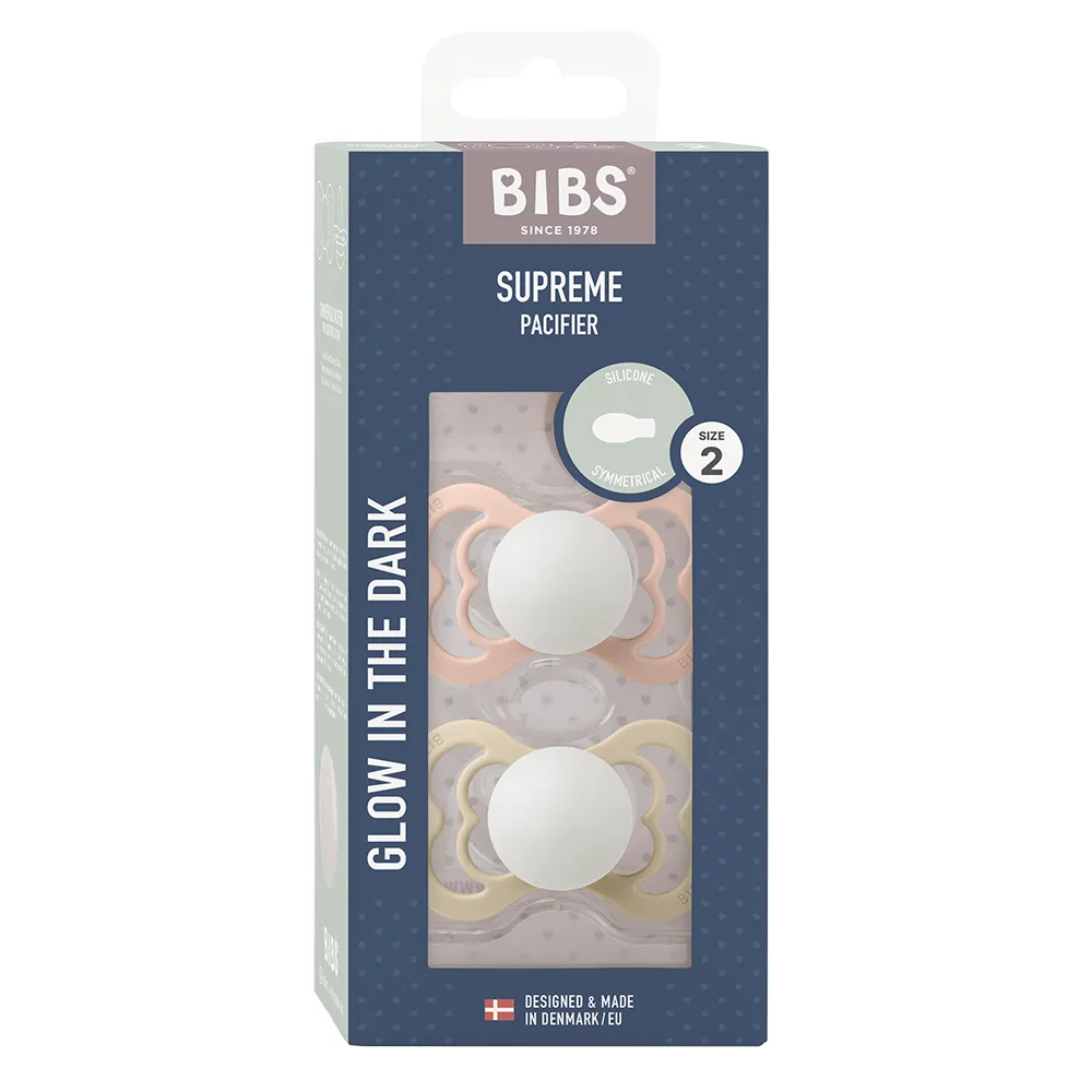 BIBS Supreme 2 PACK silikon størrelse 2 Blush GLOW/Vanilla GLOW
