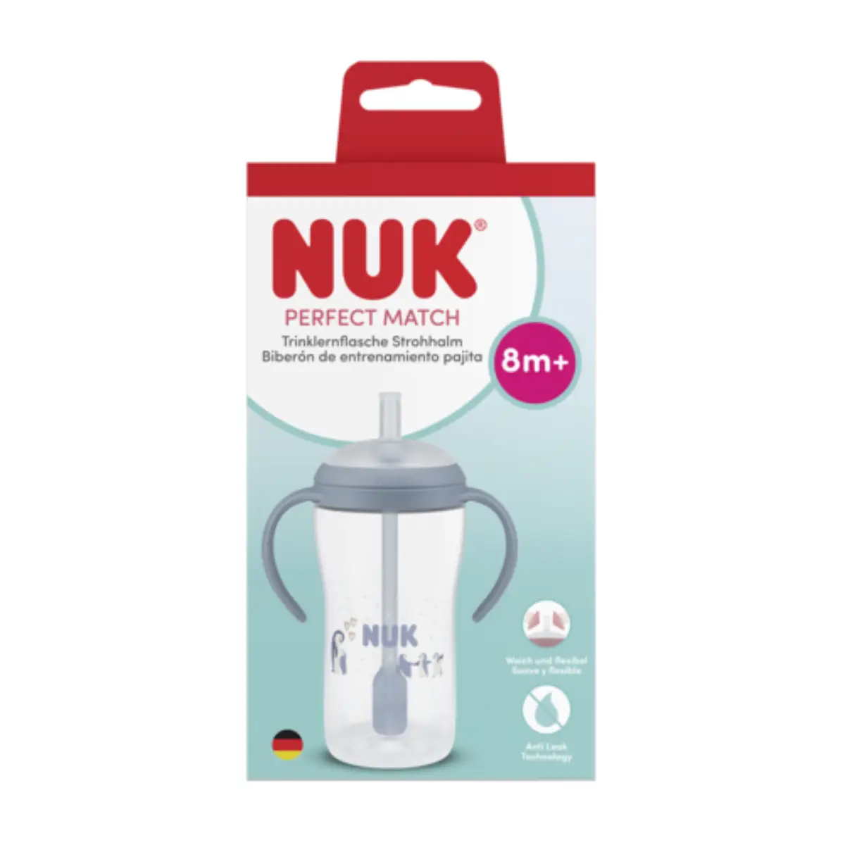 NUK Perfect Match-tåteflaske med håndtak og sugerør, 260 ml, pingvin, 8 måneder+