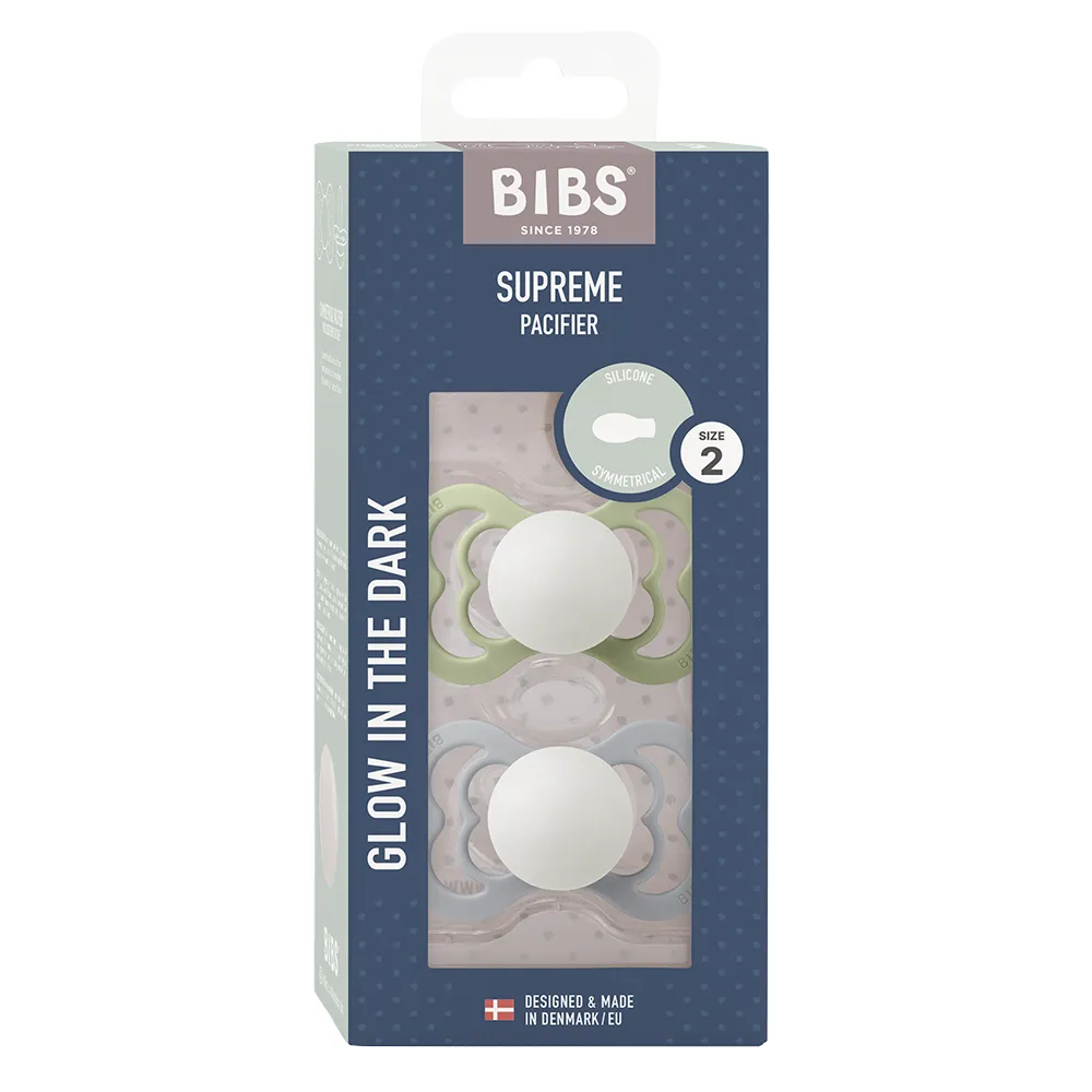 BIBS Supreme 2 PACK silikon størrelse 2 Sage GLOW/Cloud GLOW