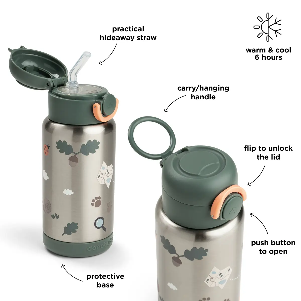 Done by Deer isolert flaske med sugerør Tiny Trails grønn 340 ml