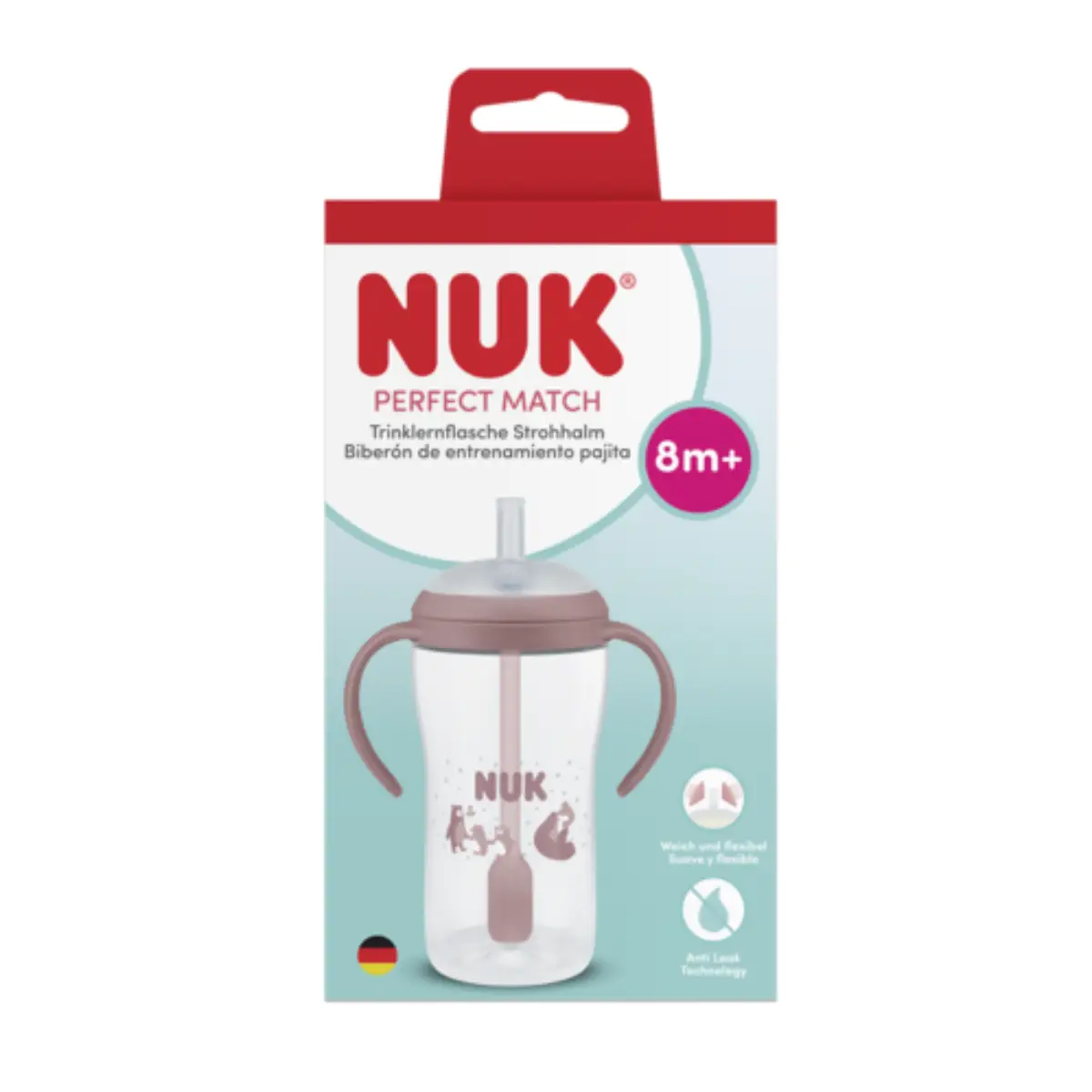NUK Perfect Match-tåteflaske med håndtak og sugerør, 260 ml, bjørn, 8 måneder+