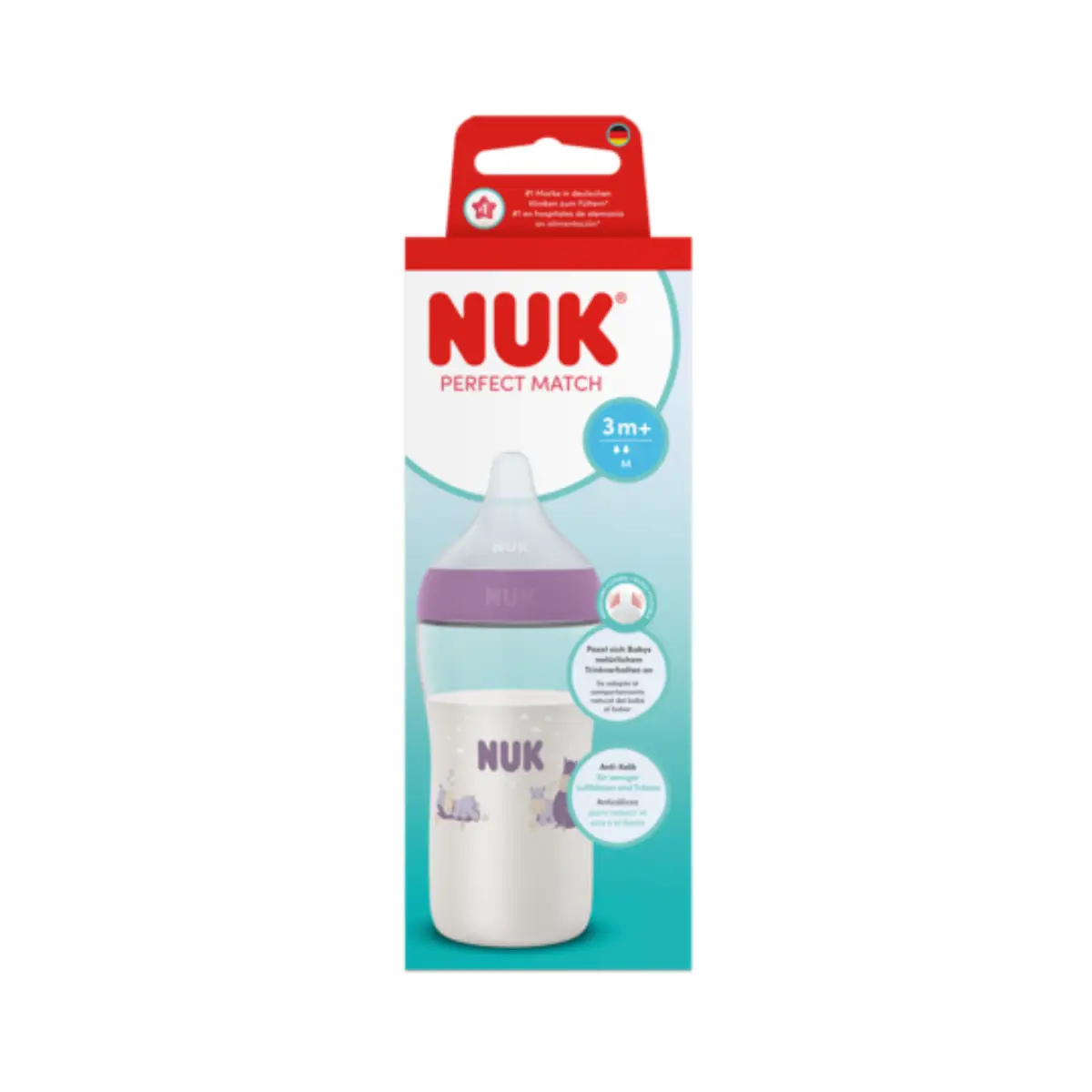 NUK Perfect Match-tåteflaske 260 ml, flodhest, 3 måneder+