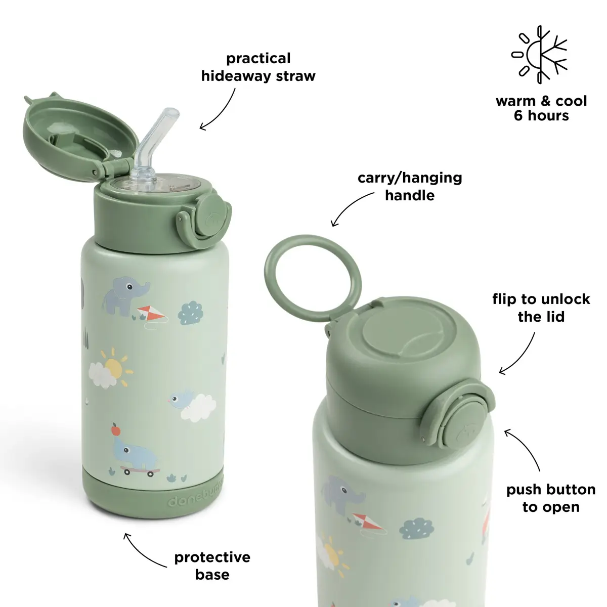 Done by Deer isolert flaske med sugerør, Playground Green, 340 ml