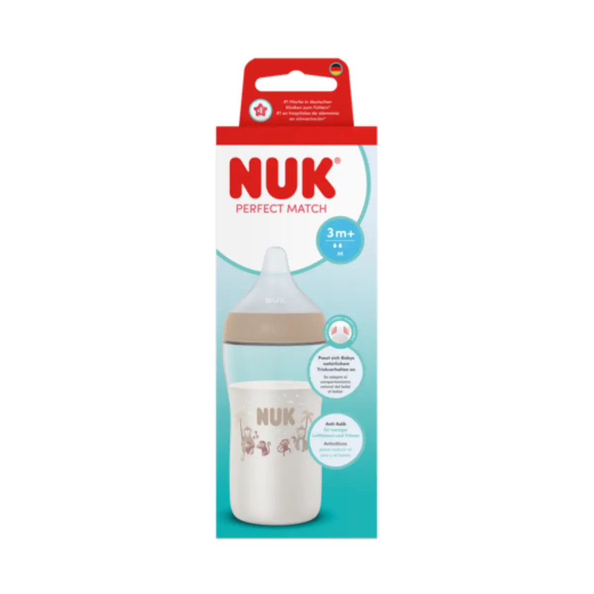 NUK Perfect Match-tåteflaske 260 ml, ape, 3 måneder+