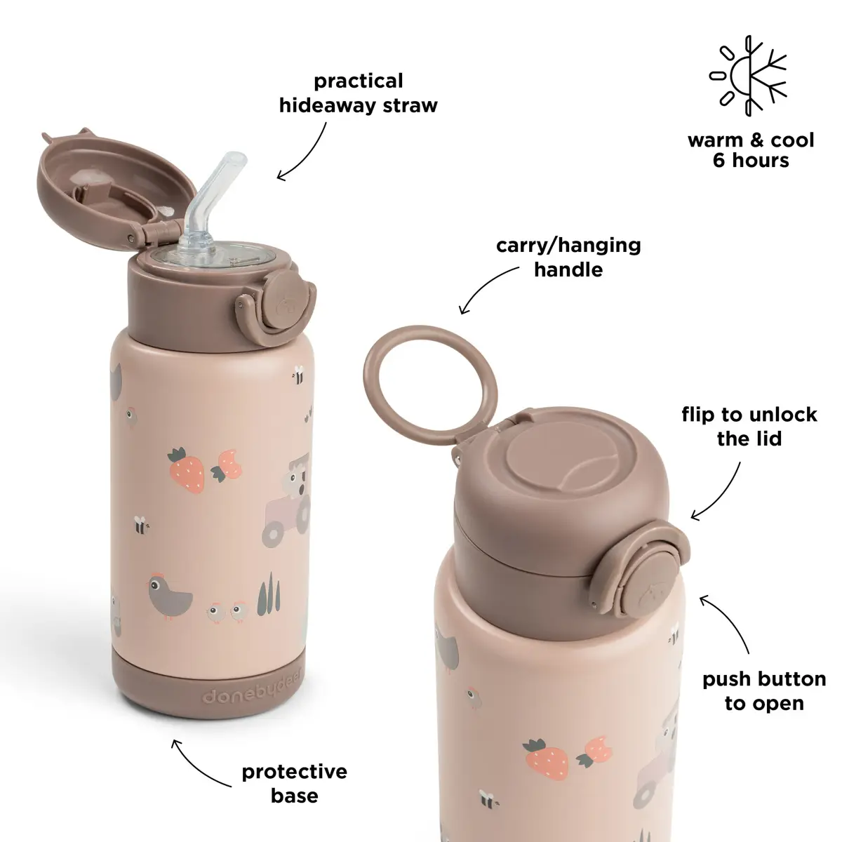 Done by Deer isolert flaske med sugerør Tiny Farm Powder 340 ml