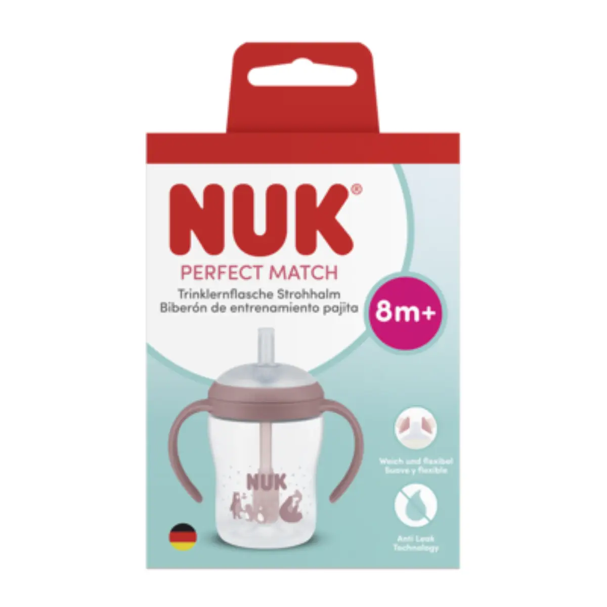 NUK Perfect Match-tåteflaske med håndtak og sugerør, 150 ml, bjørn, 8 måneder+