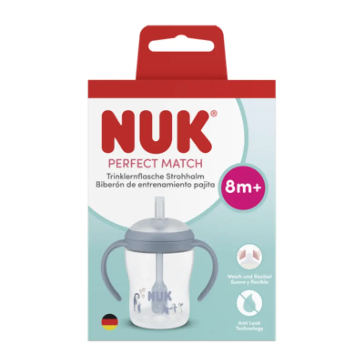 NUK Perfect Match-tåteflaske med håndtak og sugerør, 150 ml, pingvin, 8 måneder+