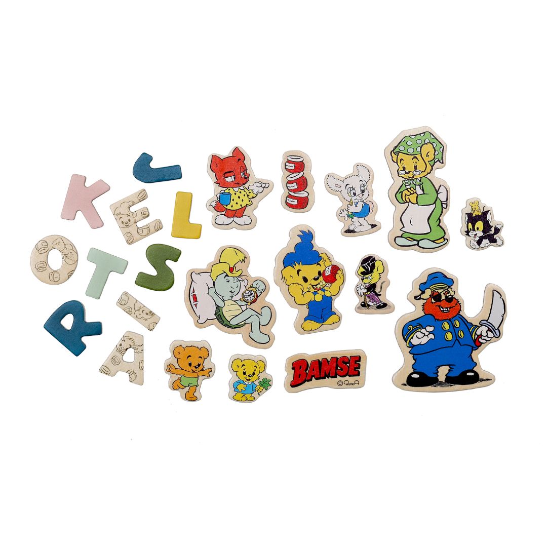 Magnetiske bokstaver og figurer med bamse